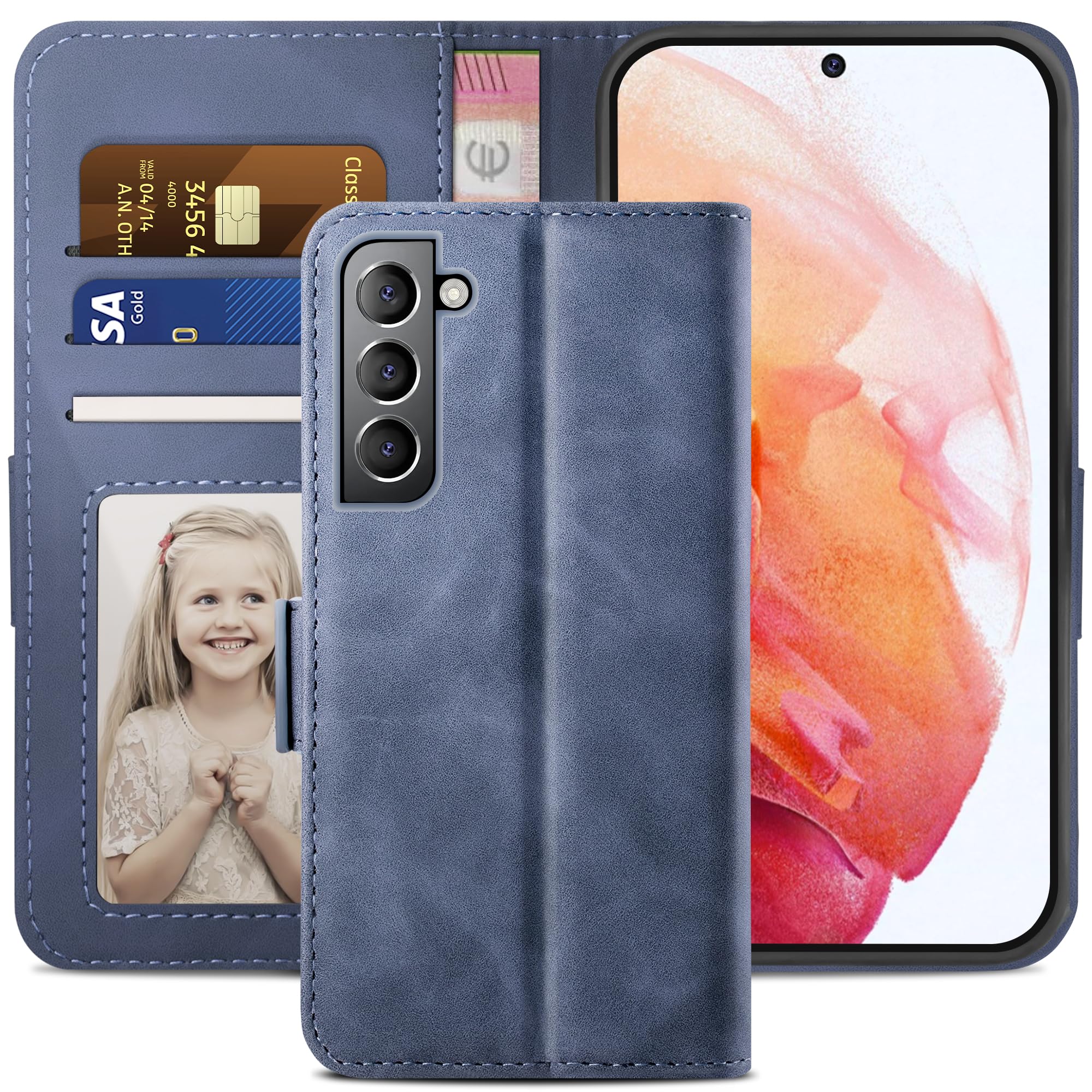 YATWIN Compatible with Samsung Galaxy S21 Case, Flip Wallet Leather Case with Card Slot and Shockproof Function Kickstand Phone Cases Cover for Samsung S21 - Light Blue