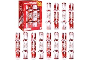 FUN LITTLE TOYS Christmas Crackers, 12 Pack Valentines No Snap Party Favors with Party Hat, Joke & Little Gift Inside for Christmas Thanksgiving Seasonal Holiday Dinner Traditions (Red White Deer)