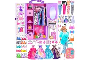 ebuddy Doll and Accessories Doll Closet Playset with 106 pcs Doll Clothes and Accessories for Girls 6-12 Including one Doll, Closet, Stylish Blue Set, Luggage, Shoe Rack, Wedding Gowns
