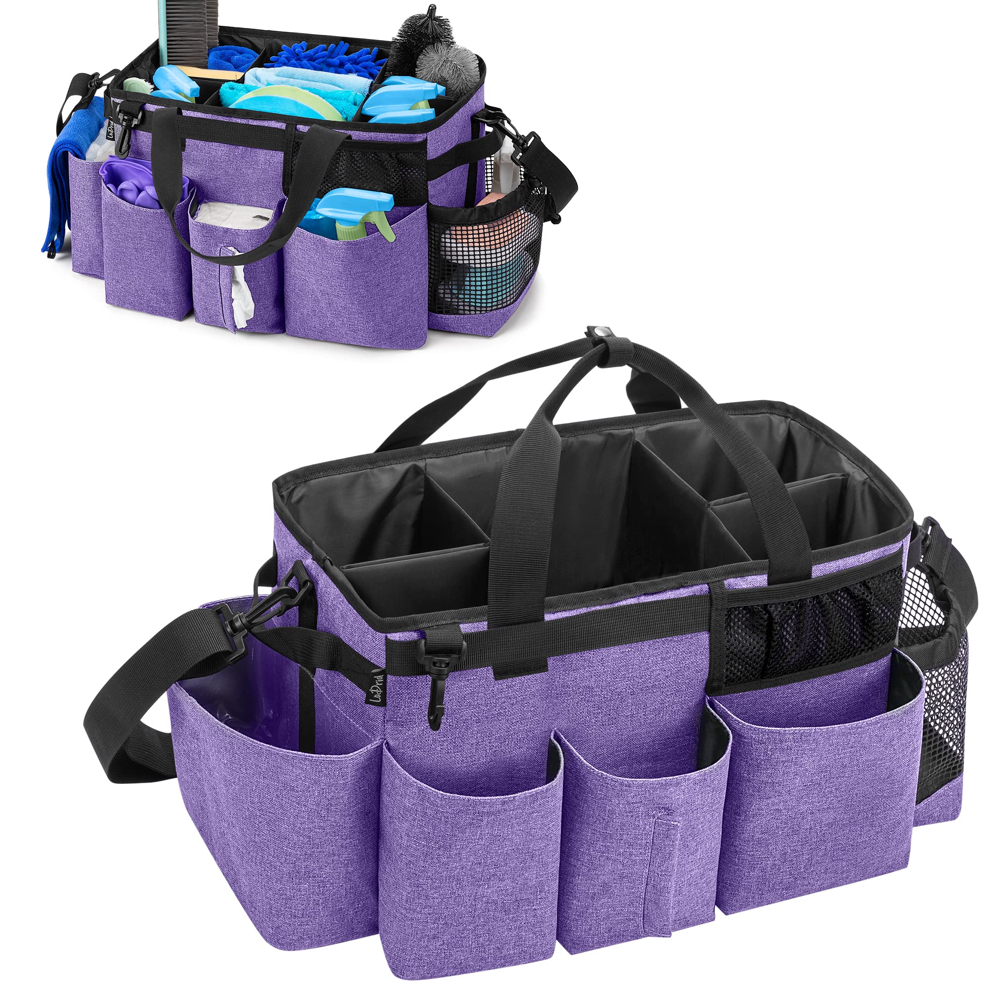 LoDrid Tote Cleaning Caddy Bag with 4 Foldable Dividers, Wearable Cleaning Supply Organizer with Side Handles and Shoulder Strap for Cleaners & Housekeepers, Purple (Bag Only)
