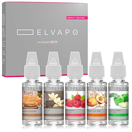 Elvapo Premium Plus E-LIQUID-BOX, mit extra starkem Geschmack, Grüner Apfel, Peach Ice Tea, Himbeere, Apple Crumble, Vanille,