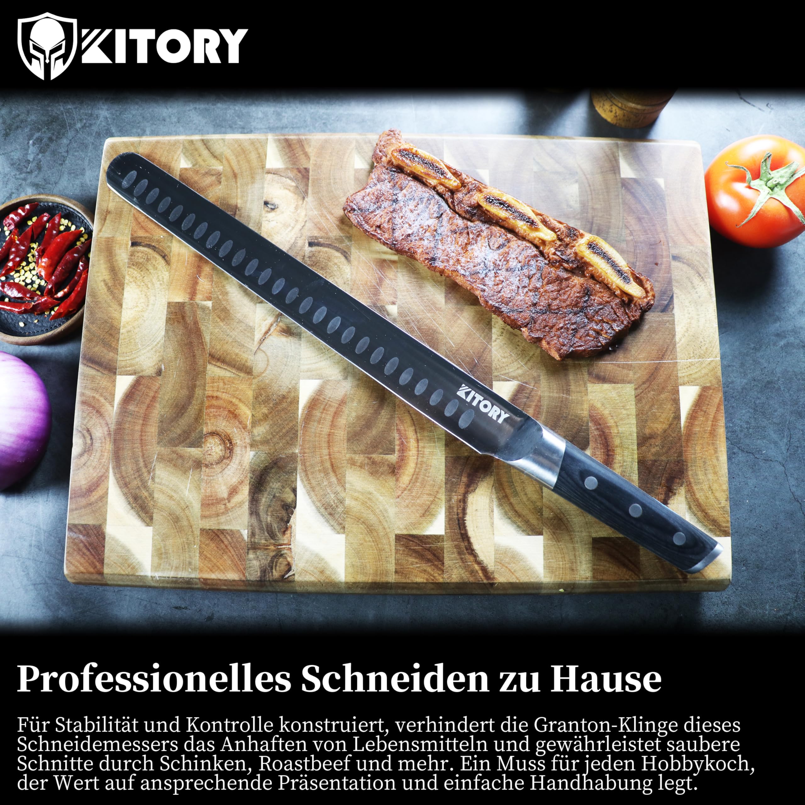 Kitory Schinkenmesser 30cm Tranchiermesser Brisket Messer aus Deutschem hochwertigem Edelstahl, Scharfe Aufschnittmesser mit Ergonomischem Pakkaholz Griff mit Geschenkbox 7