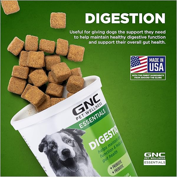 GNC PETS ESSENTIALS DOG PROBIOTIC SOFT CHEWS FOR DIGESTIVE SUPPORT, BACON FLAVOR DAILY SUPPLEMENT WITH PREBIOTICS, PROBIOTICS AND ENZYMES FOR PUPPIES AND ADULT DOGS IN REUSABLE JAR, 60 COUNT