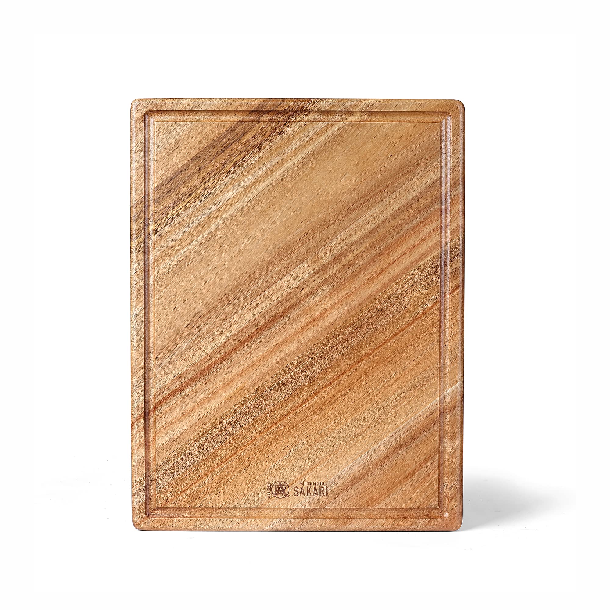 MITSUMOTO SAKARI 42.5 X 32.5 X 3.2 cm Japanese Acacia Wood Kitchen Chopping Board, Natural Wooden Cutting Board, Professional Chopping Board Serving Board (Charcuterie Board with Spill-Proof Grooves)