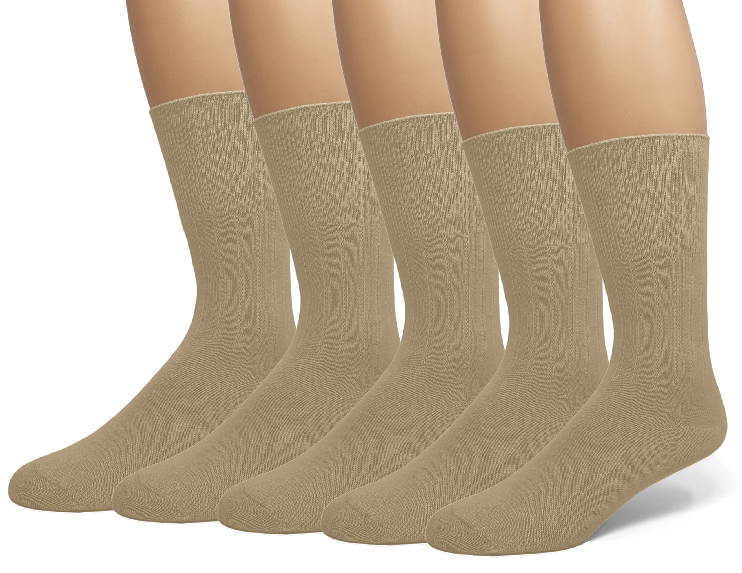 Photo 1 of EMEM Apparel Men's Diabetic Circulatory Non-Binding Top Loose Top Casual Dress Crew Mid Calf Cotton Seamless Toe Hosiery Socks 5-Pack Khaki 10-13