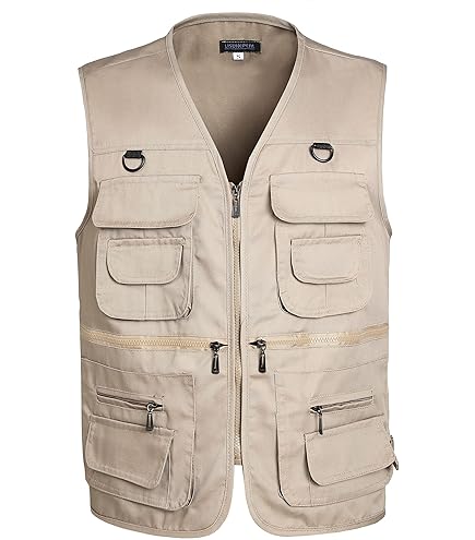 Gilet Utilitaire Homme Vintage – Beige – Taille S – Multi-poches Zippées – Chasse Pêche