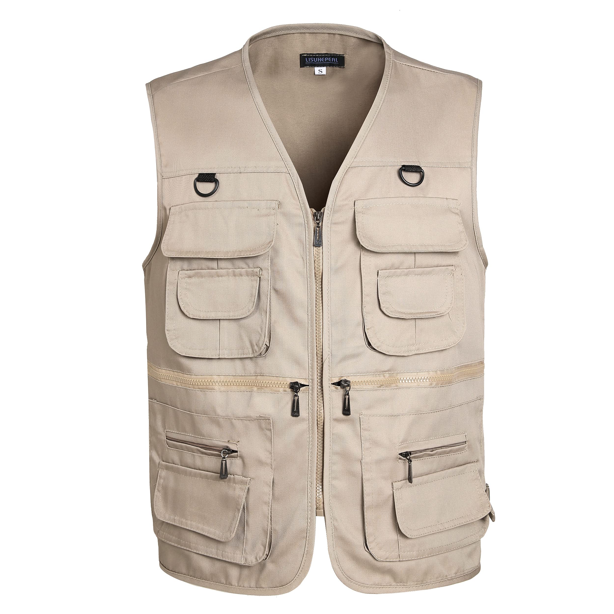 Photo 1 of LISUHEPEAL Men's Fishing Vest Summer Outdoor Work Safari Travel Photo Khaki Vests with Multi Zipper Pockets For Men (S18 L-Khaki)