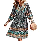 BTFBM Women Casual Spring Summer Dresses V Neck 3/4 Long Sleeve Ruffle Floral Flowy Boho Babydoll Mini Short Beach Dress