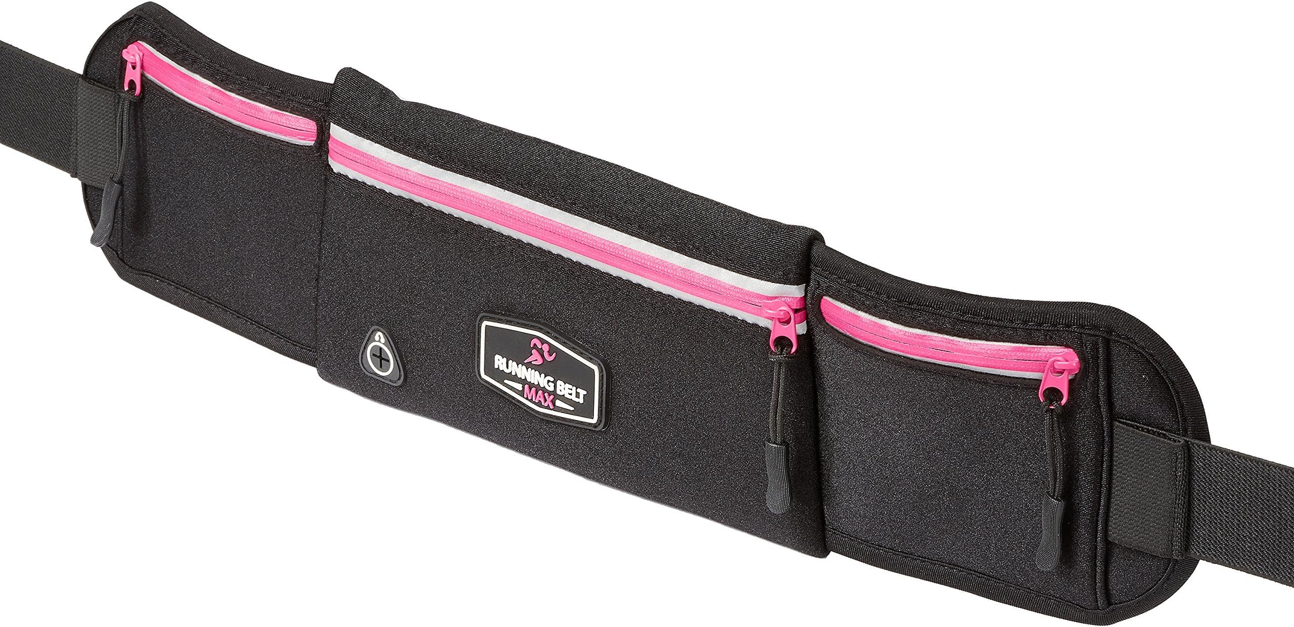 Running Belt Max - Amazing Exercise, Yoga, Travel Pack for iPhone X, 8, 8 Plus, 7, 7 Plus, Samsung Galaxy, S8, Any Large Smartphone - Waterproof - 3 Pockets w/Reflective Zippers, Earphone Hole (Pink)