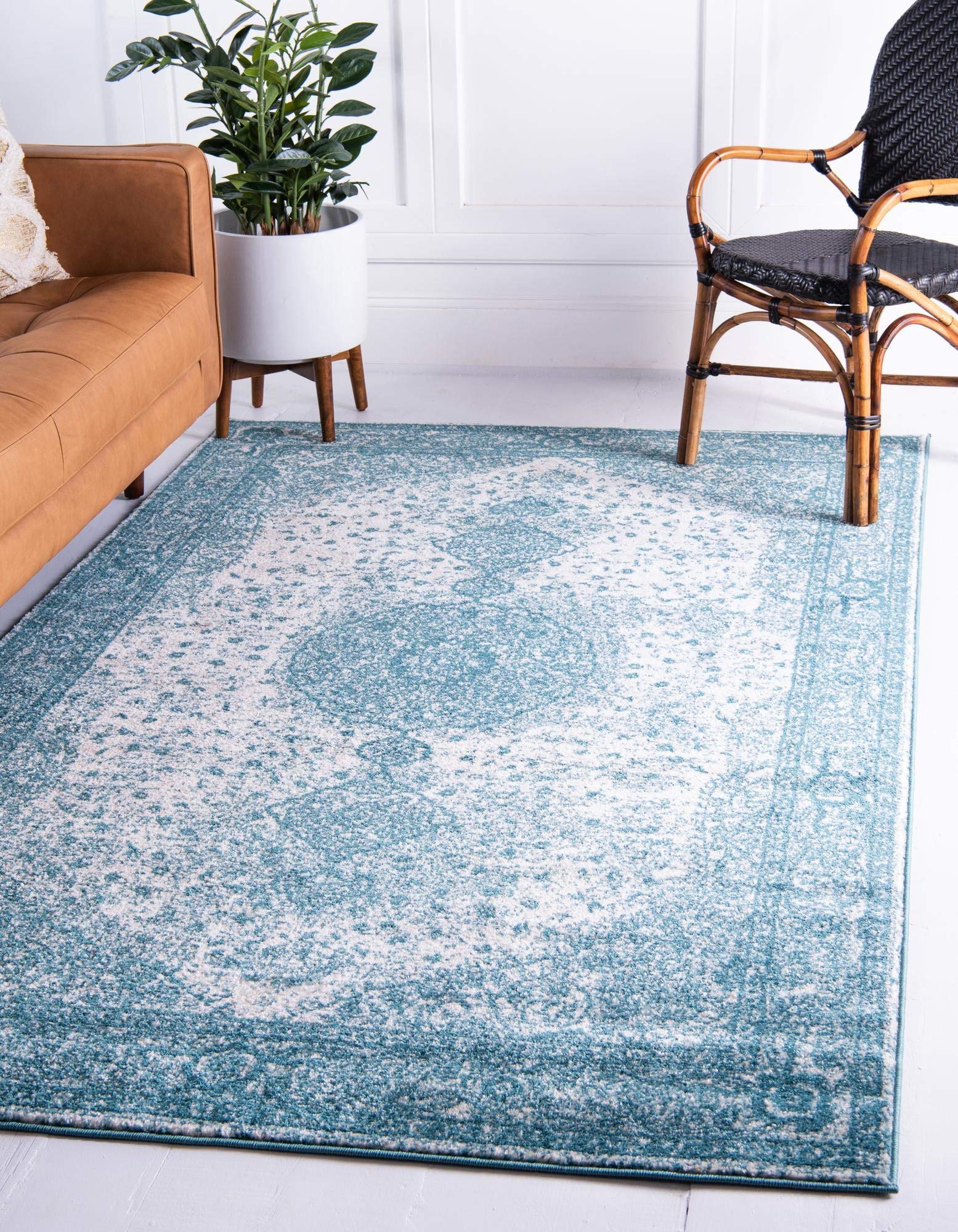 Rugs.com Dover Collection Rug – 7' x 10' Turquoise Low-Pile Rug Perfect for Bedrooms, Dining Rooms, 
