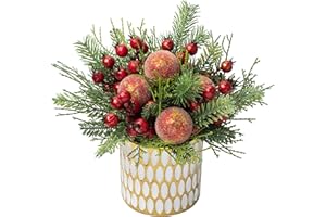 Arborus 11.4 Inch Christmas Tree Large Artificial Potted Christmas Arrangment in Gold Pot with Red Berries,Red Xmas Ball and 