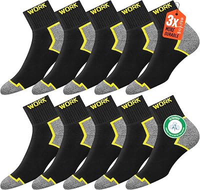 Chaussettes de travail mi-hautes noires homme | Technologie DRI-WIK d’évacuation de l’humidité | Semelle ultra douce et coussinée | Talon et pointe renforcés | WORK socks lot de 10 paires 43-46