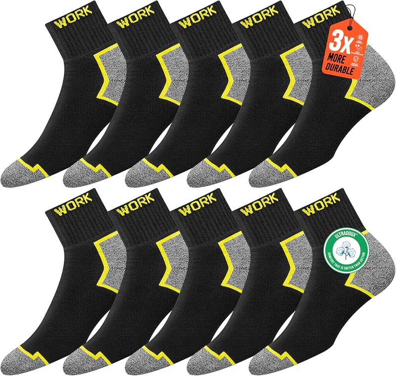 Chaussettes de travail mi-hautes noires homme | Technologie DRI-WIK d’évacuation de l’humidité | Semelle ultra douce et coussinée | Talon et pointe renforcés | WORK socks lot de 10 paires 43-46