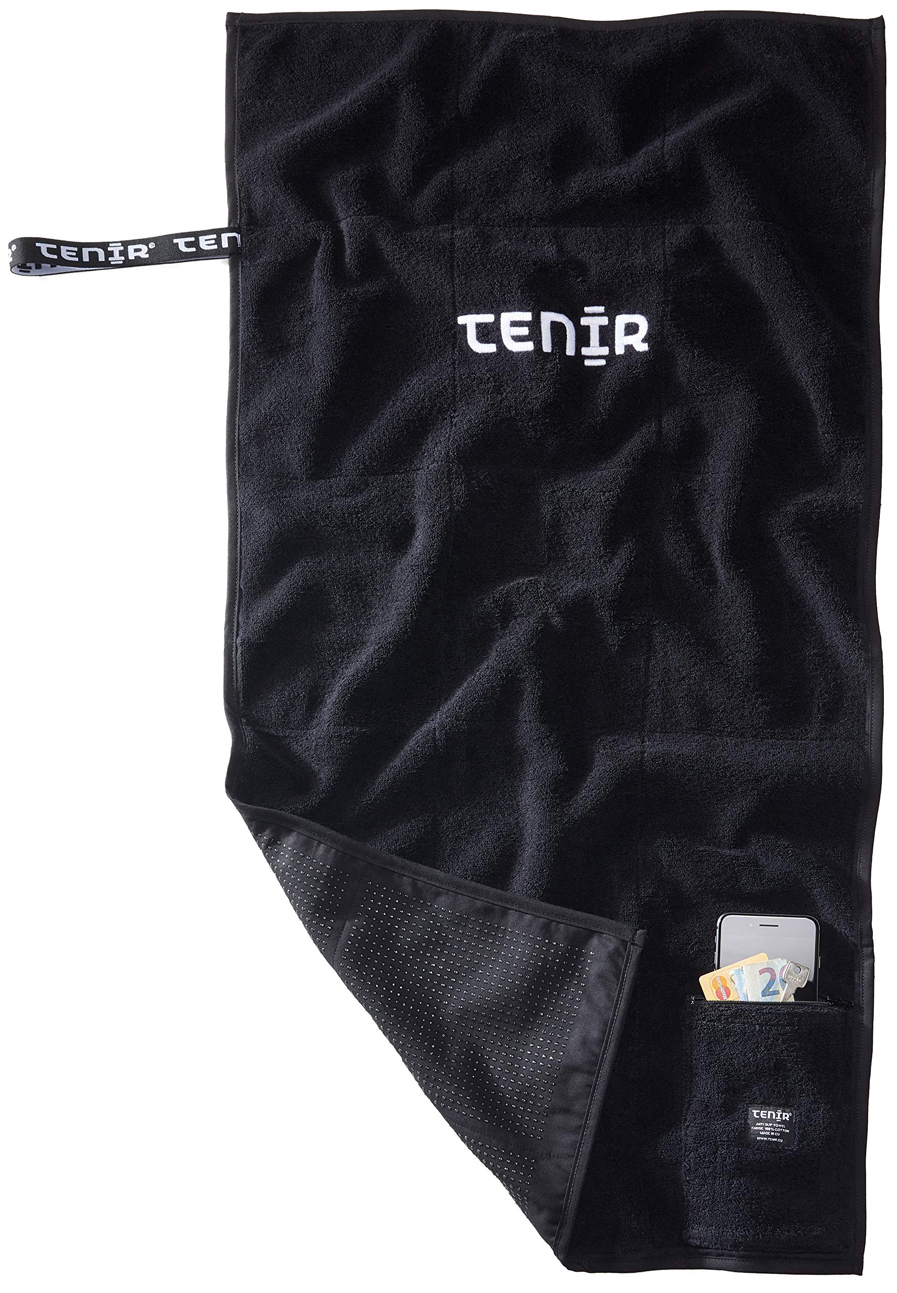 Tenir® Gym Towel - Non-slip Sports Towel with Silicone Nubs I Perfect for the Fitness Studio & Gym I 100% Cotton I Zip Pocket I 100 x 50 cm, Black