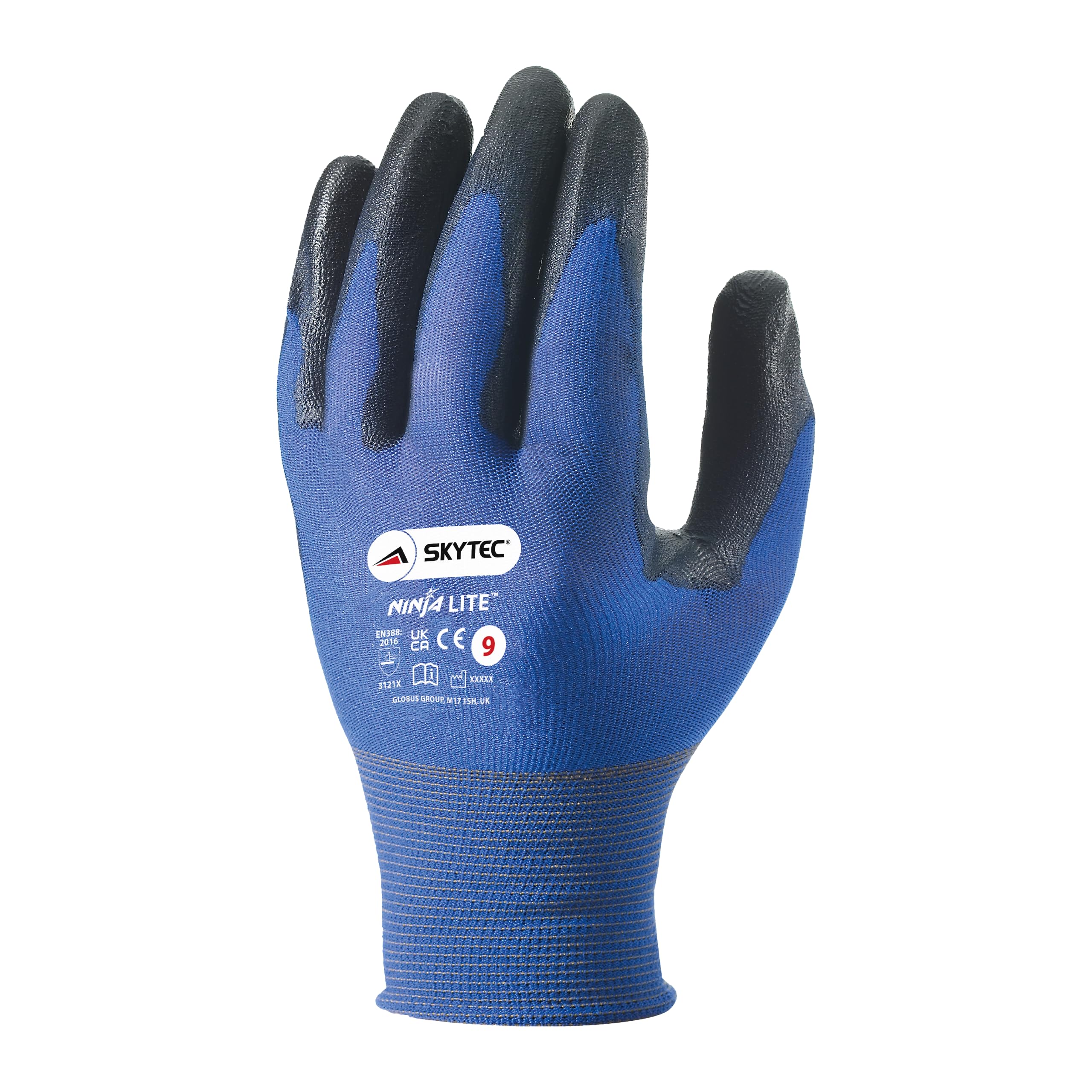 Skytec Ninja Lite Ultra 1 Pack Blue Nylon Safety Work Gloves with Polyurethane (PU) Coating and Elasticated Knit Wrist (Medium)