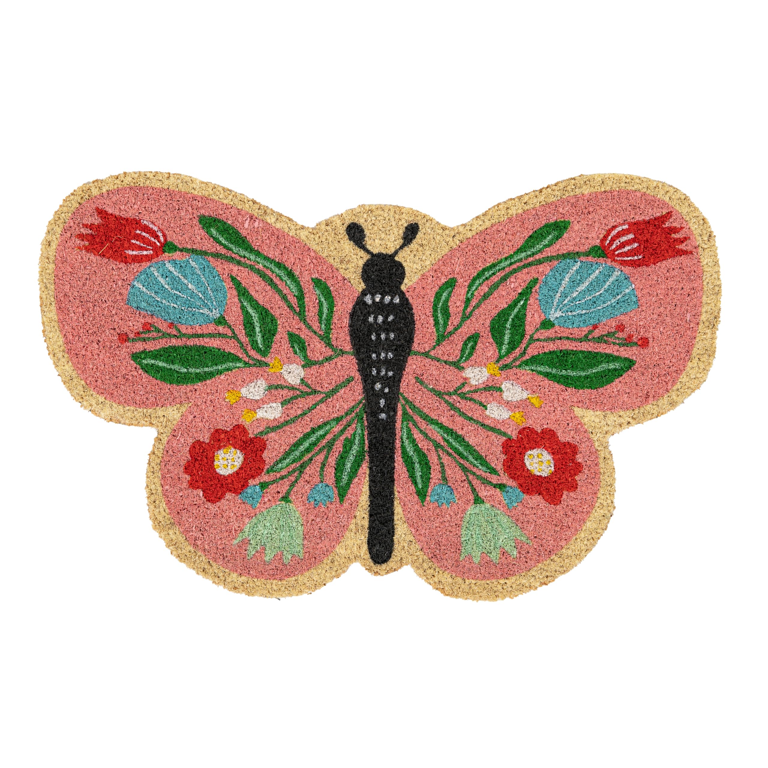 Fisura Coconut Butterfly outdoor doormat with non-slip PVC backing. Doormat with original shape. Dimensions: 65 centimeters x 40 centimeters x 1.5 centimeters.