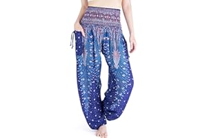 Lannaclothesdesign Women's Smocked Waist Peacock Print Harem Pants Hippie Bohemian Style