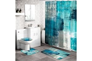 MitoVilla 4 Pcs Teal Blue Bathroom Sets with Shower Curtain and Rugs, Turquoise Curtain Sets , Ombre Grunge Bathroom Decor Curtain Sets with Mats and Accessories