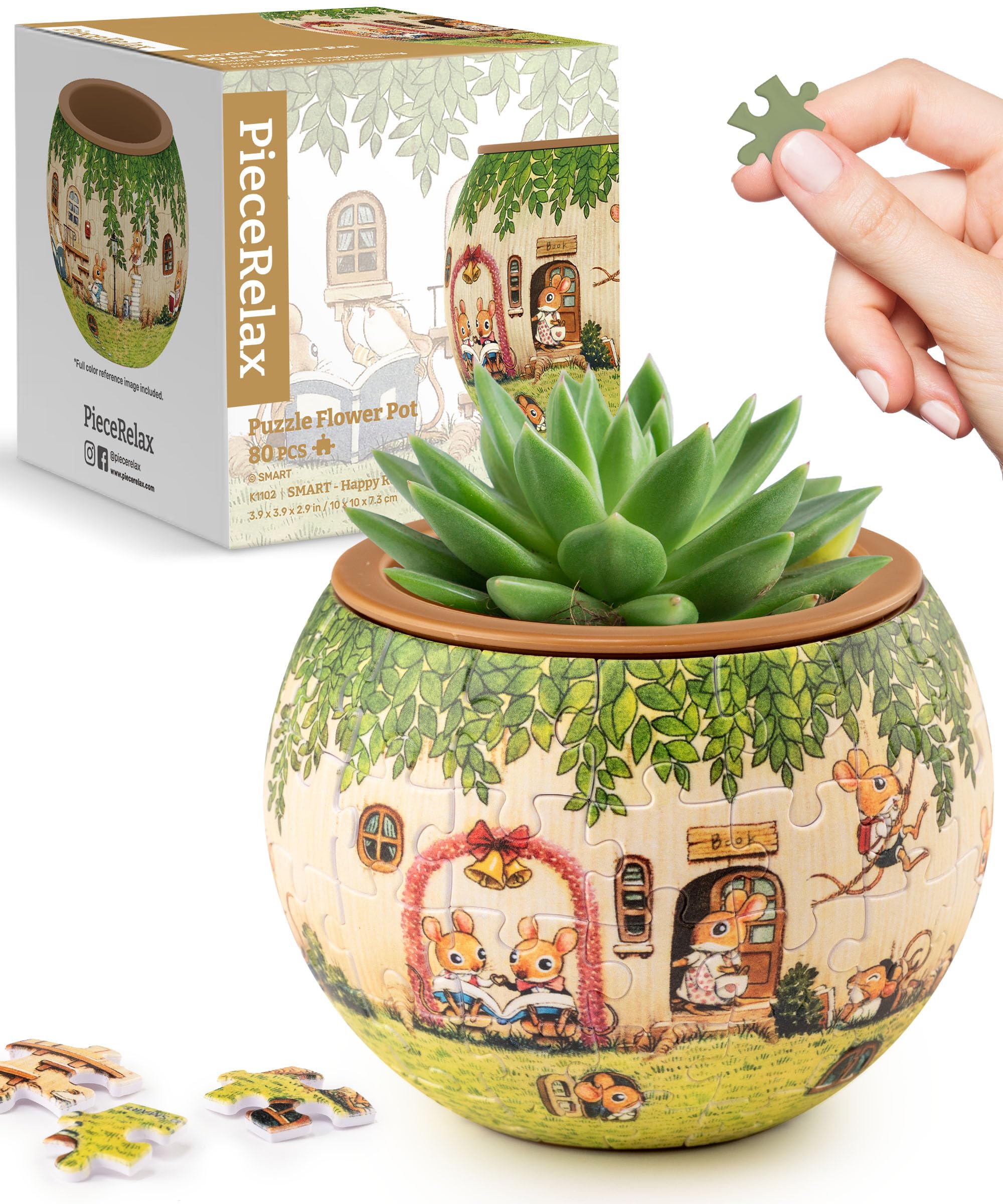 PieceRelax 3D Puzzle Planter - Smart - Happy Reading - Danish Folklore Style, Home Decor Flower Pots for Indoor Cactus, Succulents Pots [K1102]