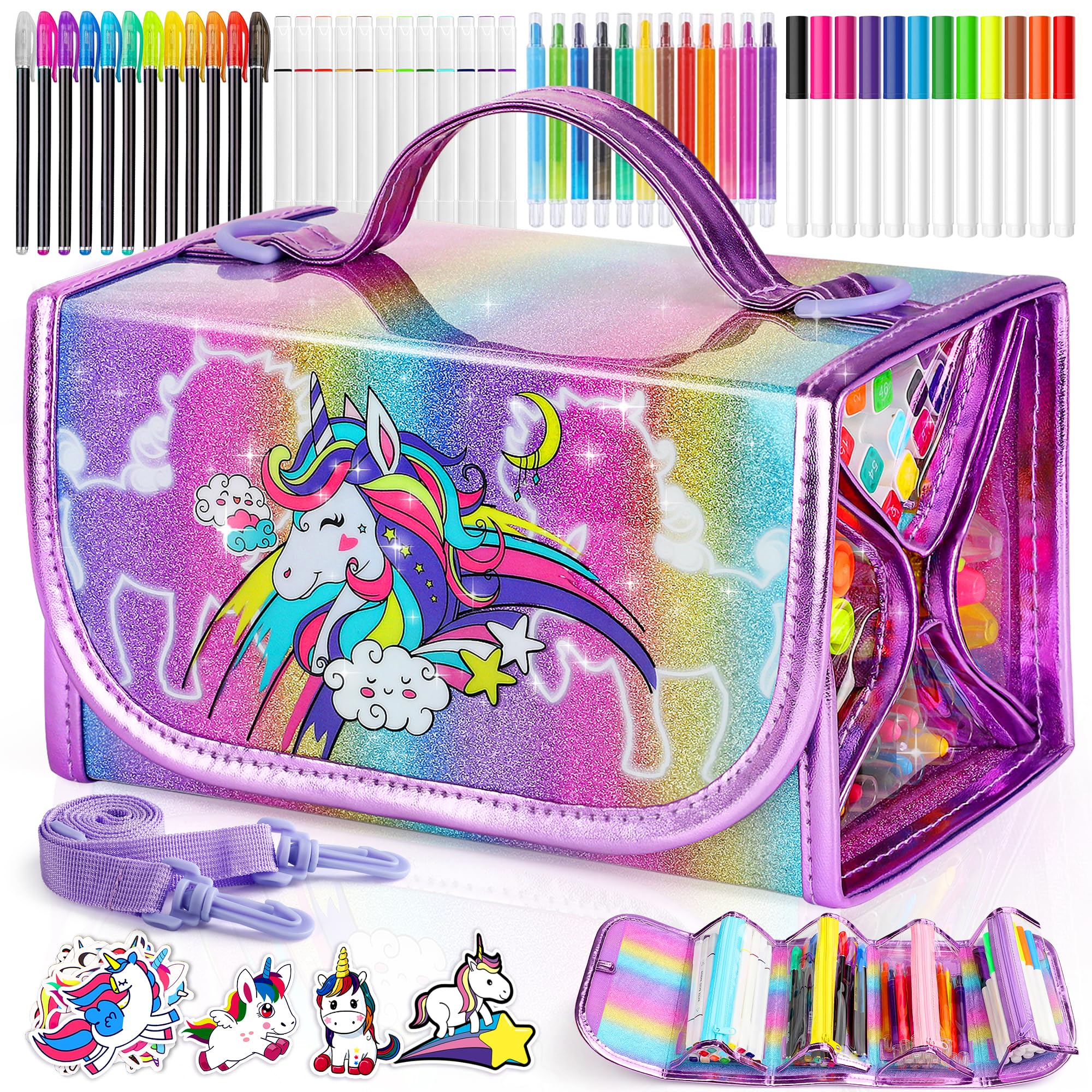 beefunni Unicorn Markers Set for Kids, Arts Supplies 67 pcs with Glitte Pencil Case and Strap, Birthday Gift for Girls 4 5 6 7 8 Years Old, Arts and Crafts Coloring Set for Kids 4-8