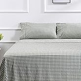 100% Cotton Queen Sheet Set - 4 Piece Cotton Sheets Queen Size Bed Set, Soft, Smooth, Durable, Easy Care, 16" Deep Pocket Checkered Green Sheets - 1 Flat, 1 Fitted, 2 Pillowcases