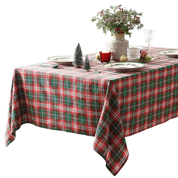 HOME BARGAINS PLUS RUDOLPH PLAID FABRIC TABLECLOTH, 60 X 120 INCH RECTANGLE, TRADITIONAL RED AND GREEN CHECK PATTERN, COTTON BLEND HOLIDAY TABLE COVER FOR CHRISTMAS DINING AND WINTER DECOR