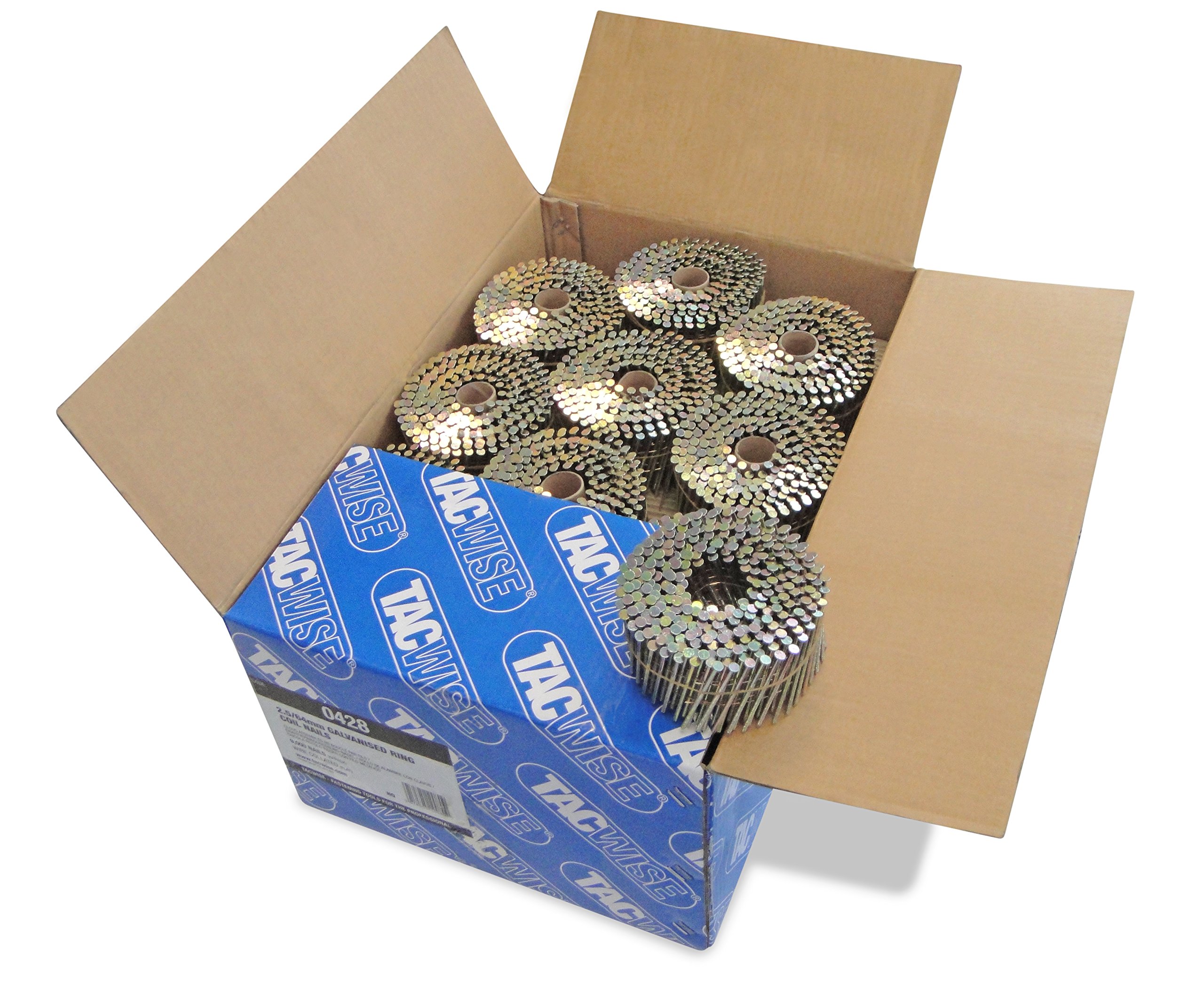 Tacwise 0428 Galvanised Flat Top Coil Nails Type 2.5 x 64 mm, Diamond Point, Ring Shank, 16° Inclined, Wire Collated, Pack of 9000