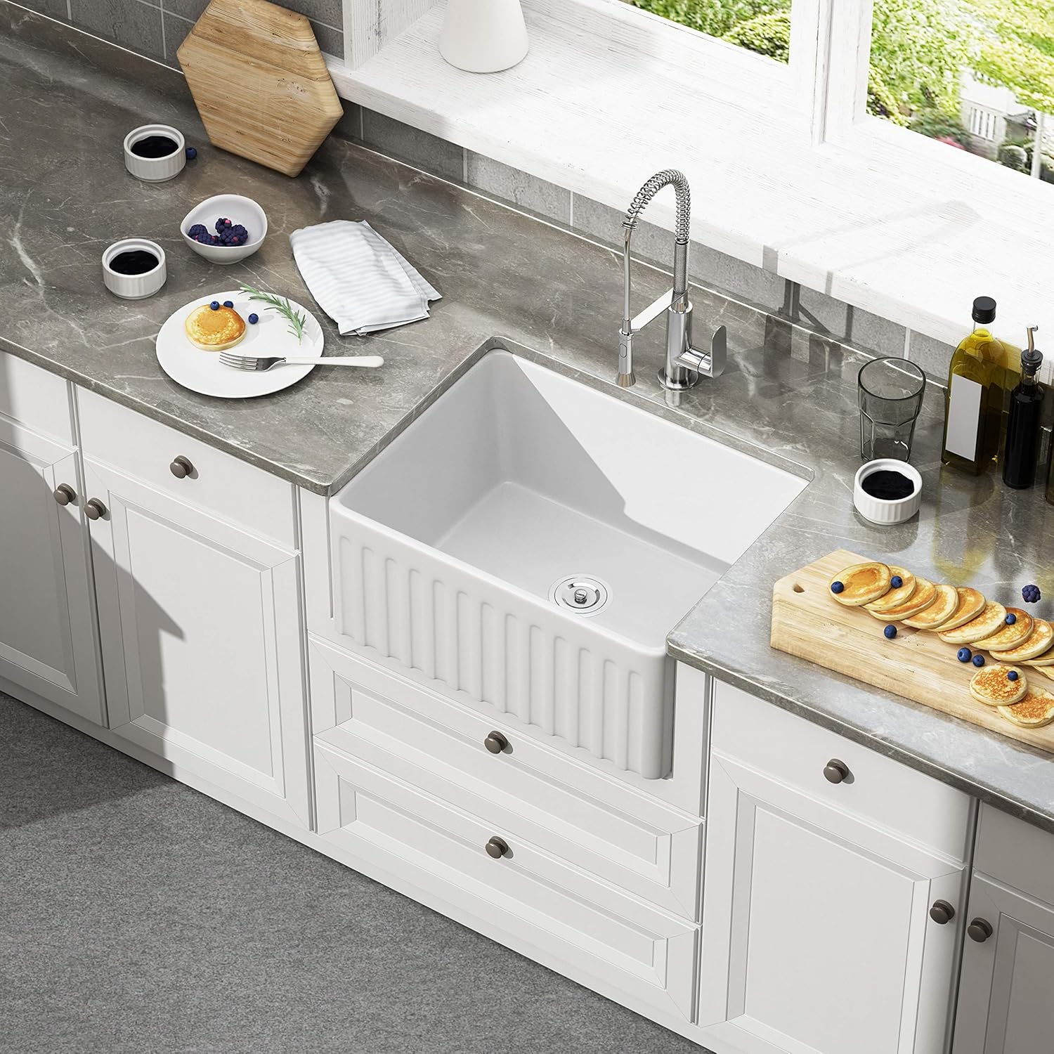 White Porcelain Kitchen Sink / Fireclay 24 In Single Bowl Farmhouse