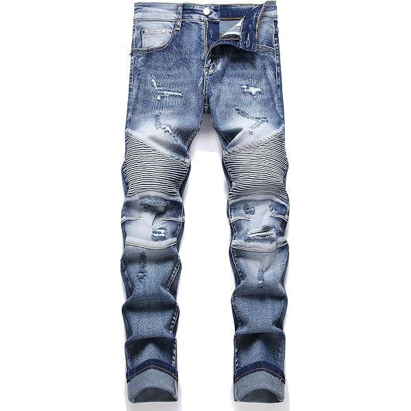 Men's Patchwork Ripped Biker Jeans – Stretch Denim, Pleated Knees, Streetwear Style | Distressed Skinny Fit - View #10