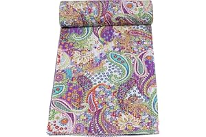 Marubhumi Indian Handmade Paisley Print Cotton Kantha Quilt (Purple, King (108"x 108"))