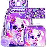 gxtvo 3PCS Dog Bookbag for Girls, 16" Kids Backpack with Lunch Box, Water Resistant School Bag for Elementary Preschool Toddler - Reading Puppy Pink