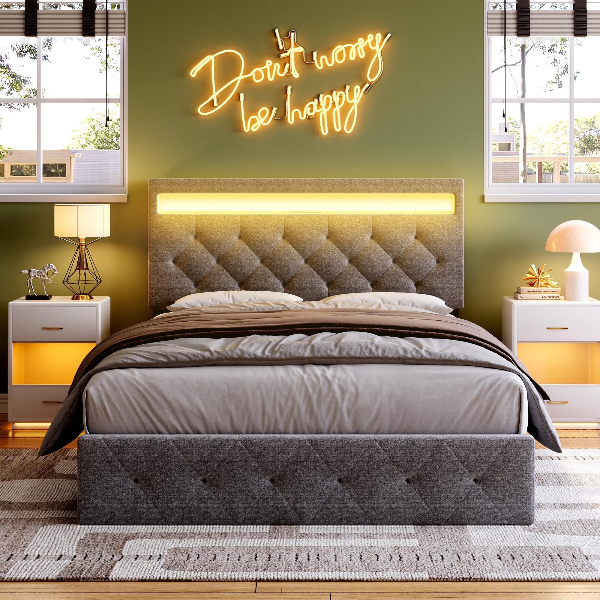 Photo 1 of dainslef Queen Size Bed Frame with Adjustable Headboard, Upholstered Platform Bed Frame with Fast-Charging USB Port, LED Bed Frame, No Box Spring Needed, Easy Assembly, Grey