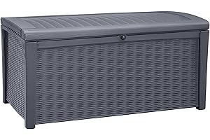 Keter Outdoor Storage Deck Box for Patio, Backyard & Garden, Borneo, 110 Gal, Grey - Lockable, Organizing, and Waterproof Plastic Container Bench