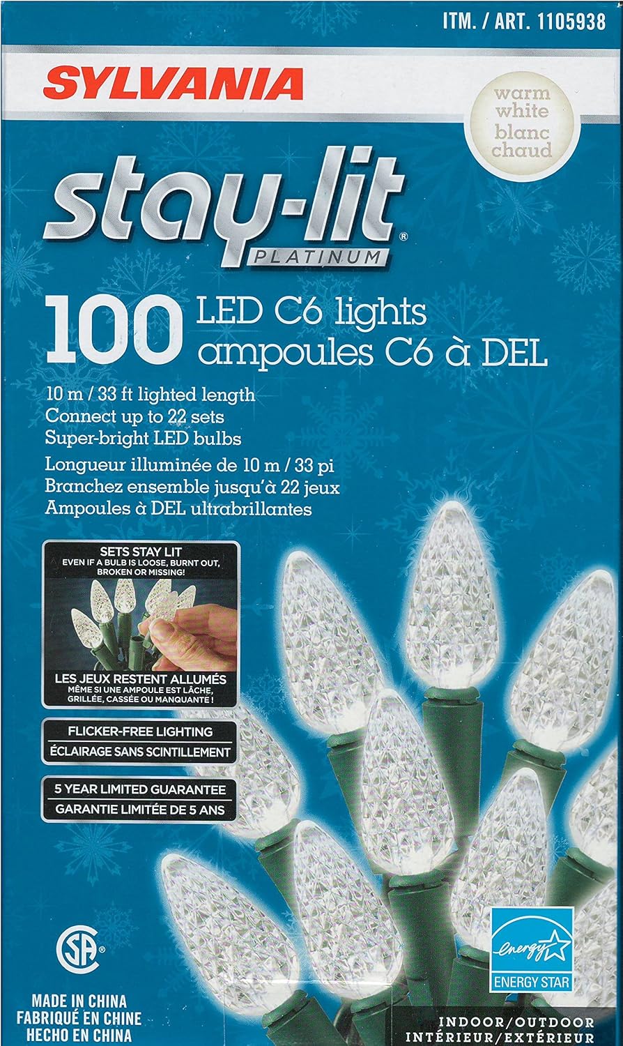 Sylvania StayLit Platinum LED Indoor/Outdoor 100 LED C6 Lights Warm