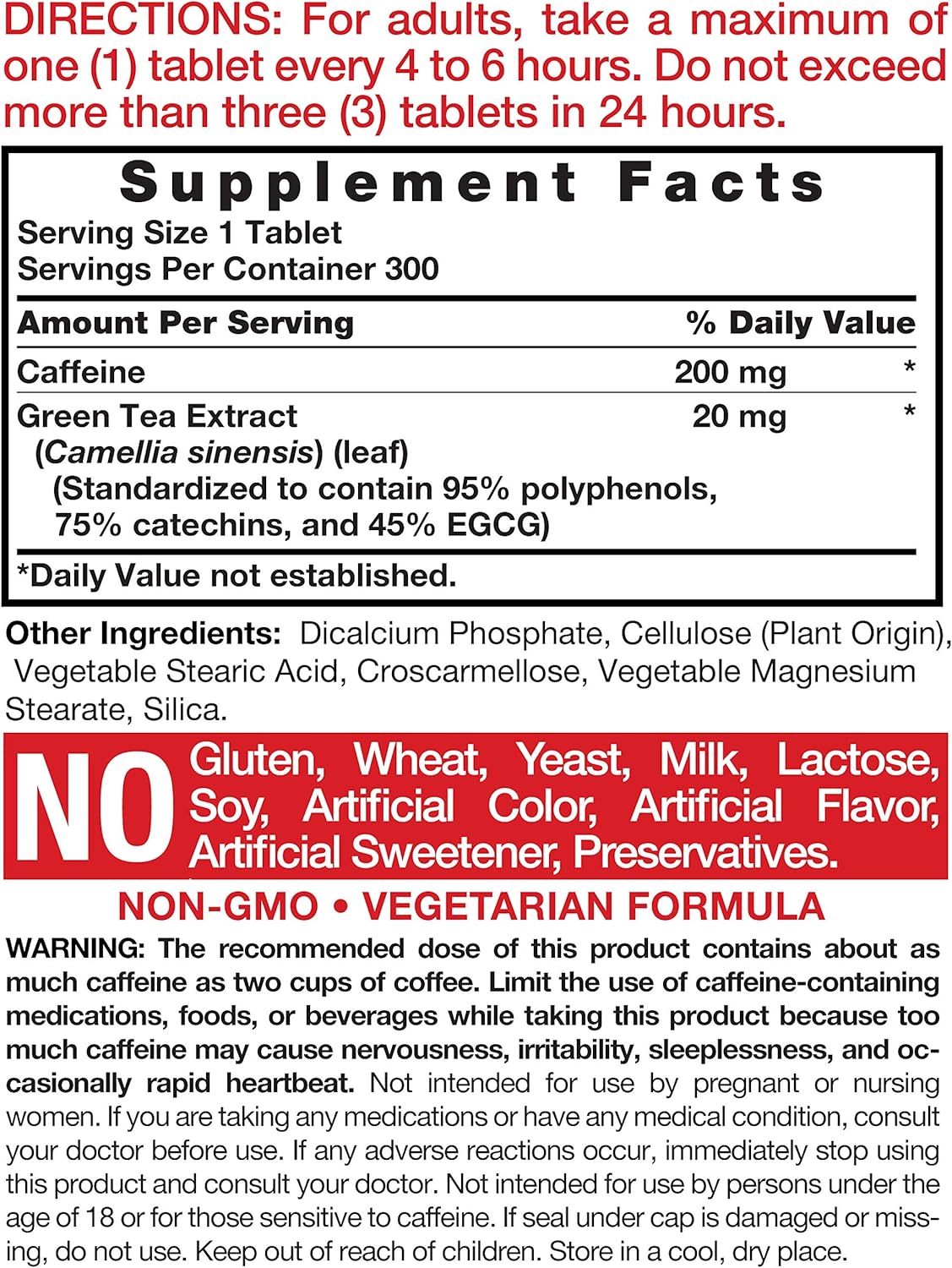 Caffeine Pills 200mg with Green Tea | 300 Tablets | Vegetarian, Non-GMO & Gluten Free | by Horbaach: Health & Personal Care