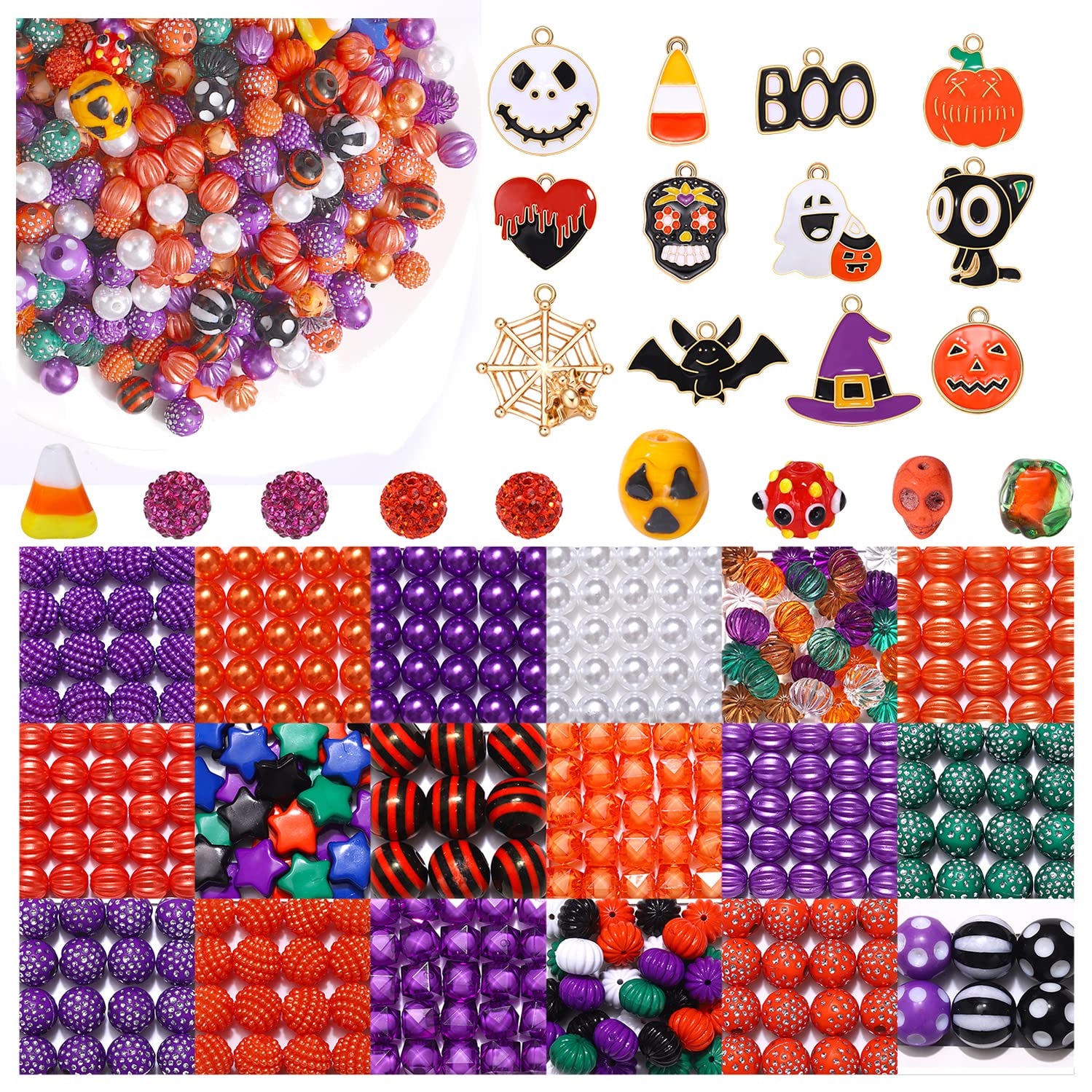 Photo 1 of 450+ Pieces Halloween Beads Making Kit,Enamel Halloween Charms Pendant Assorted Halloween Beads Jewelry Making Pumpkin Witch Hat Black Cat Spider Charms for Earrings Necklace Bracelet DIY Supplies