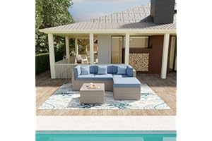 SUNBURY Outdoor Sectional 5-Piece Wicker Sofa in Pearl Gray w 3 Stripe Pillows, Denim Blue Cushions Elegant Patio Furniture Chair and Table Set for Backyard Garden Pool