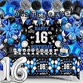 16th Birthday Decorations for Boys, Hide The Car Keys Happy 16th Birthday Party Supplies with Banner Backdrop Tablecloth Blue and Black Balloon Arch Kit for 16 Year Old Boy Party Decor