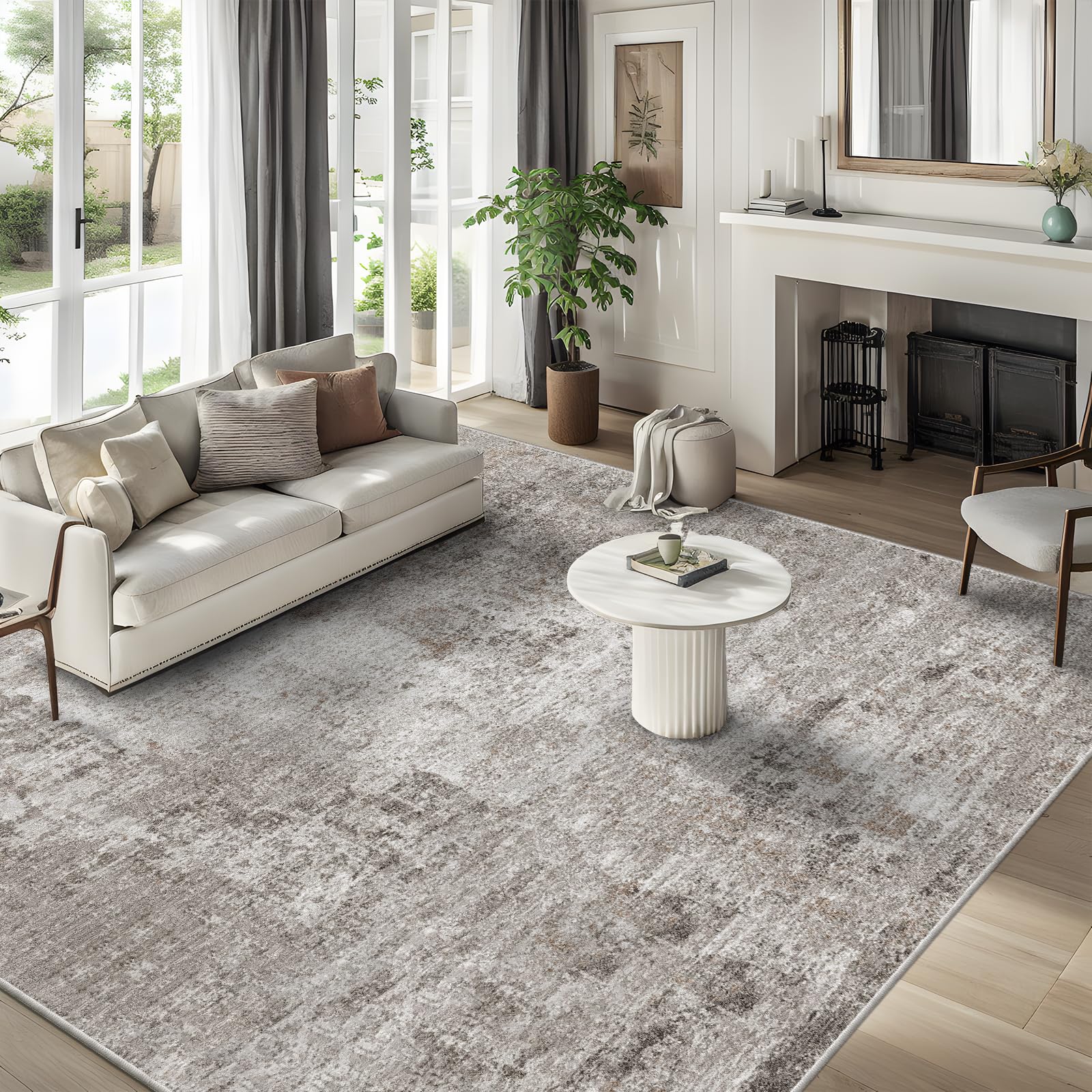 Photo 1 of 12x12ft Square Living Room Rug – Non-Slip Washable Extra Large Floor Carpet for Bedroom, Dining Room, Playroom Room – Modern Abstract Neutral Thin Low-Pile Big Indoor Rug (Beige Grey)