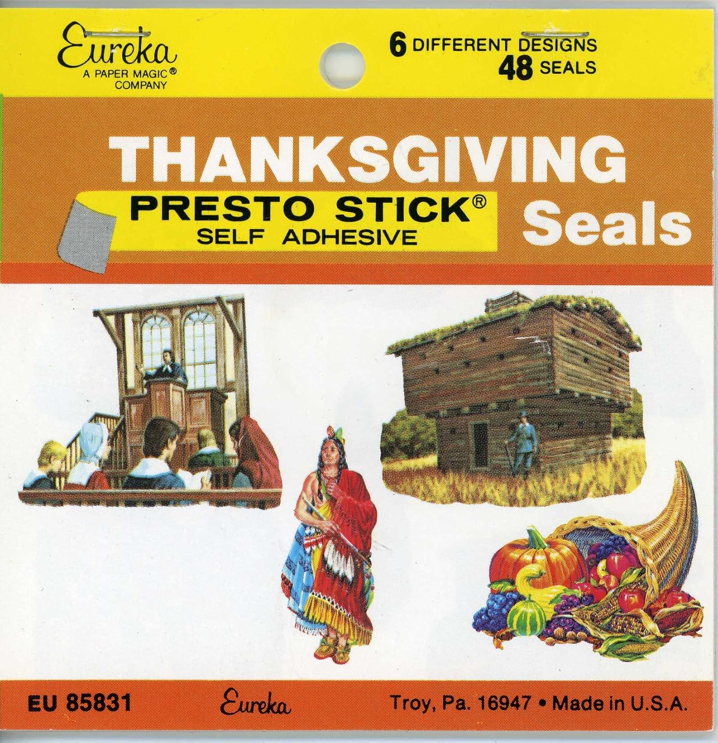 Eureka Thanksgiving Presto Stick Self Adhesive Seals Stickers, 48 Stickers 6 Designs