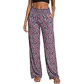 EXCHIC Women's Casual Wide Leg Floral Print Palazzo Lounge Pant Stretchy Boho Pants