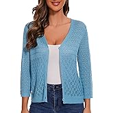 OPREXO Women's Lightweight Crochet Cardigan 3/4 Sleeve Cropped V Neck Button Shrug Knit Sweater Tops