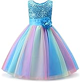 Uhnice Little Girl's Sequin Sleeveless Mesh Rainbow Dress for Wedding Party