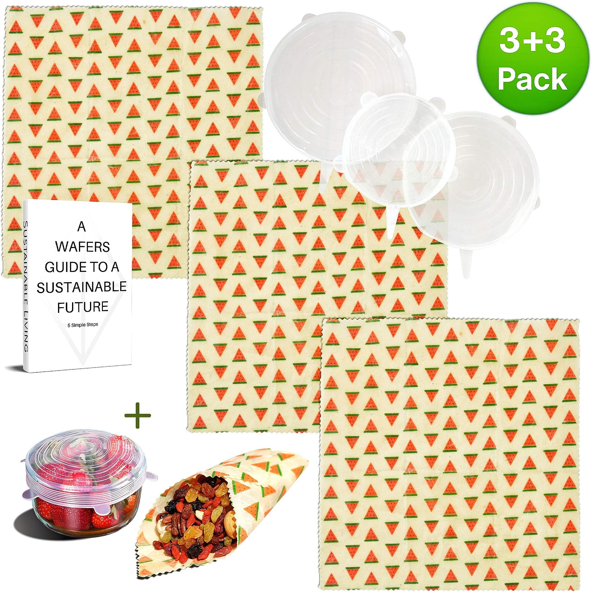 WAFE Beeswax Set of 3 + 3 Stretchy Silicone Lids Reusable Food Wax Wraps-Sandwich Washable Wrapper-Natural Organic Plastic Free Bowl Covers with E-Book (Large, Watermelon)