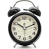 JCC 3" Retro Twin Bell Silent Non Ticking Sweep Second Hand Bedside Desk Analog Quartz Movement Alarm Clock with 5 min Snooze Repeat Alarm, Nightlight and Loud Alarm, Battery Operated (Black)