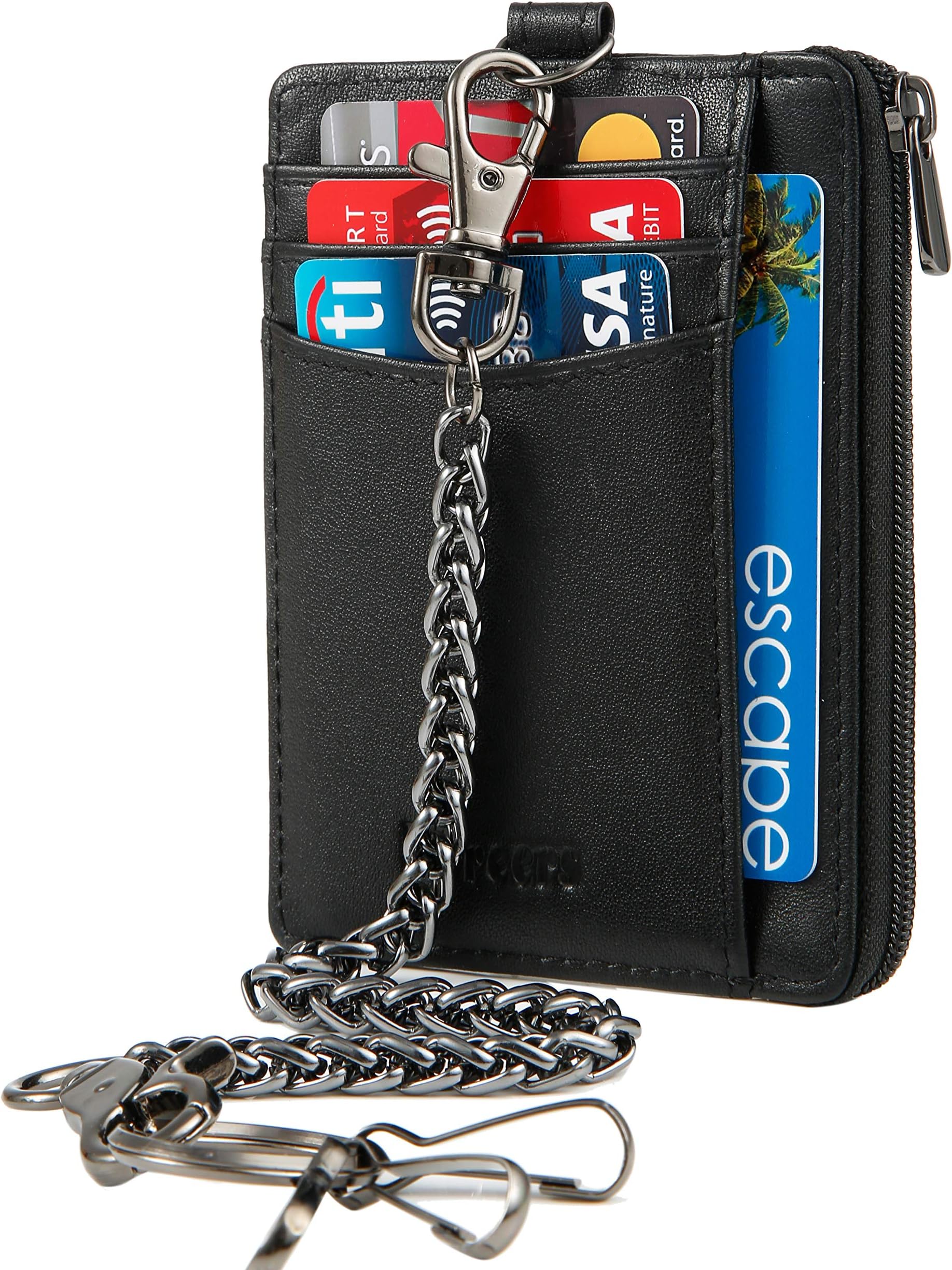 Chain Wallet Minimalist RFID Block Wallet Men Leather Secure Badge Holder with Zipper