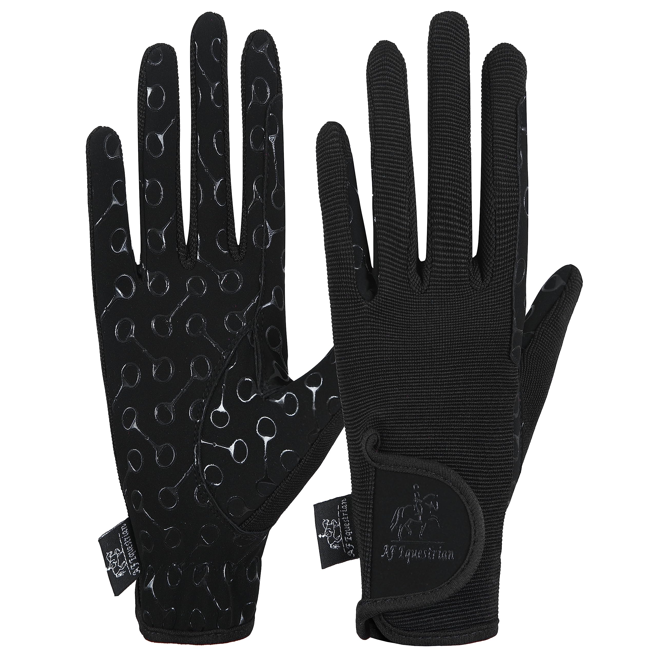 AFE Children's Horse Riding Gloves Track Fabric Gloves Synthetic Leather Equestrian Black Stretch Fabric Silicone Printed Palms Kids Gloves (Medium)