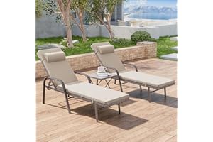 RTDTD 3 Pieces Patio Chaise Lounge Set Outdoor PE Rattan Armrest Lounge Chair Adjustable Backrest Reclining Chair with Folding Table and Cushion for Patio Poolside Backyard Porch Beach(Brown)