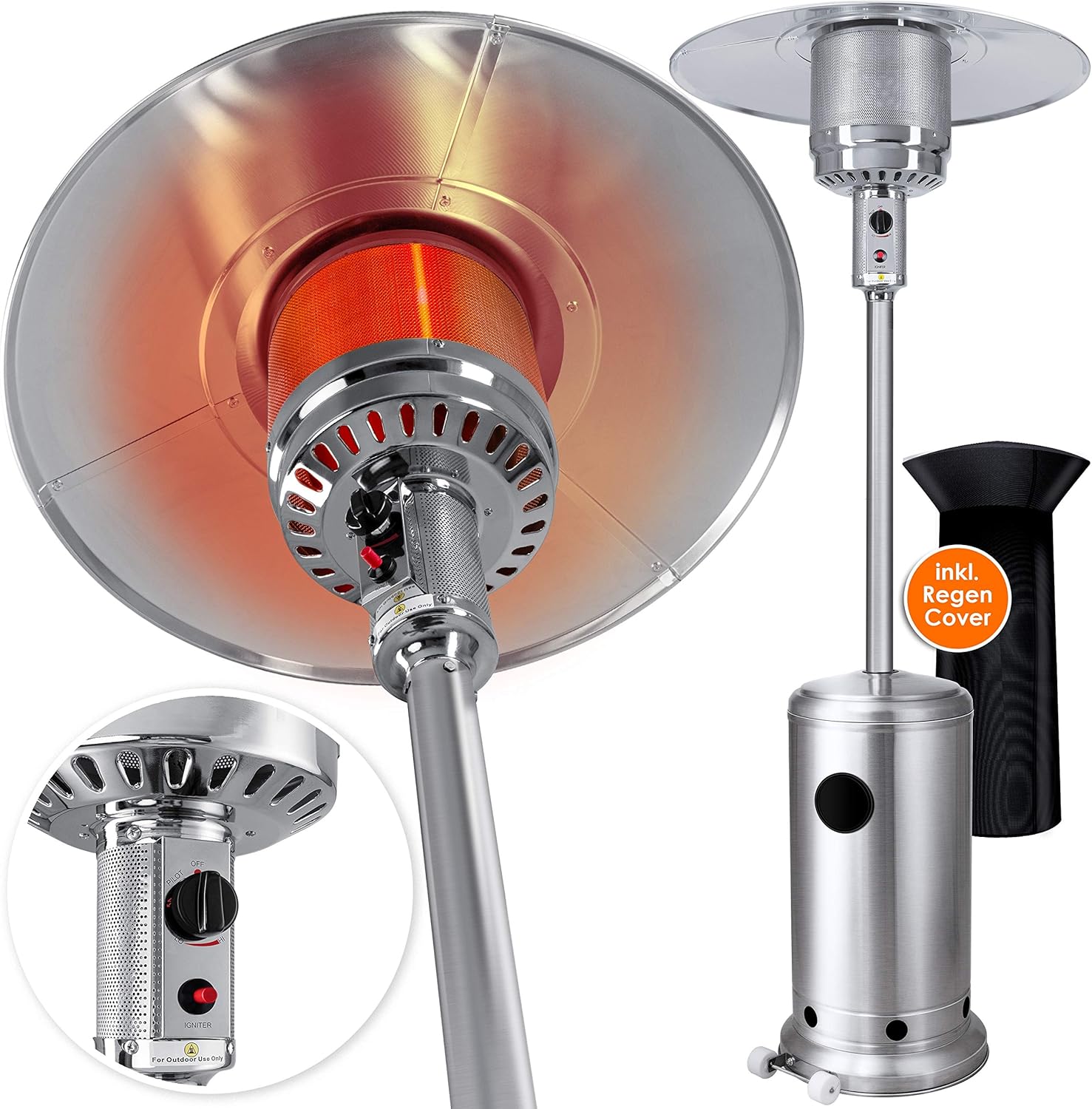 KESSER® Heizstrahler Gas Heizpilz für Terrasse Edelstahl Terrassenheizer, 14kW Gasheizstrahler, Wärmestrahler, Heizgerät, mit Kippschutz und Abschaltautomatik, inkl. Schutzhülle