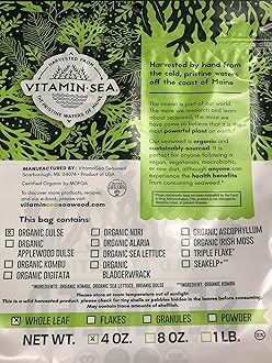 Organic Dulse Whole Leaf Maine - Seaweed 112 G bag - USDA Certified and Kosher Hand Harvested from the Atlantic Ocean Coast Vegan Raw and Wild Sea Vegetables VitaminSea (WL, 112G)